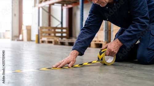 Warehouse worker applying yellow and black hazard warning tape on concrete floor for safety marking line