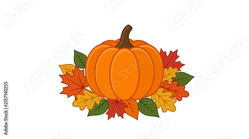 Autumn Pumpkin with Colorful Fall Leaves Isolated