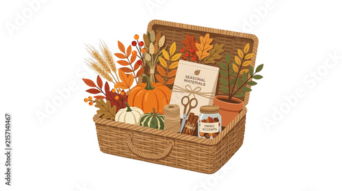 Bild auf Leinwand Autumn Harvest Basket with Seasonal Materials, Pumpkins, Leaves, and Crafts