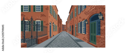 Historic Cobblestone Alleyway with Brick Buildings and Green Shutters