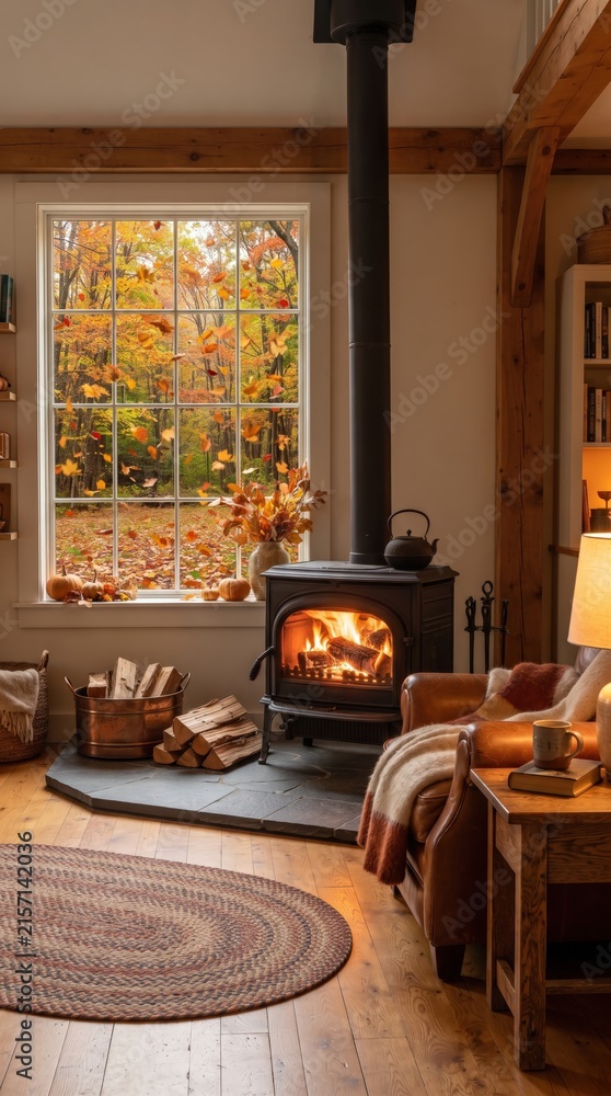 Fototapeta premium Stone fireplace burning in a cozy autumn living room, warm home interior, seasonal relaxation and comfortable family lifestyle.