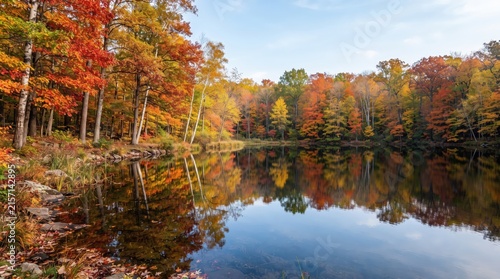 Scenic autumn lake reflecting colorful forest foliage, peaceful seasonal landscape, travel destination and natural fall background.