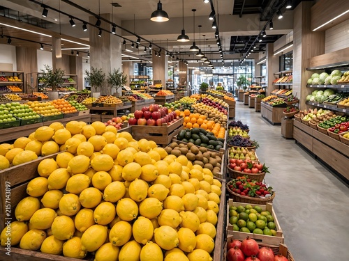 Abundant display of fresh lemons and various fruits in a modern supermarket grocery aisle
