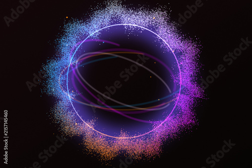 Abstract circular portal with glowing purple and blue particles floating in dark space creating a mysterious cosmic effect