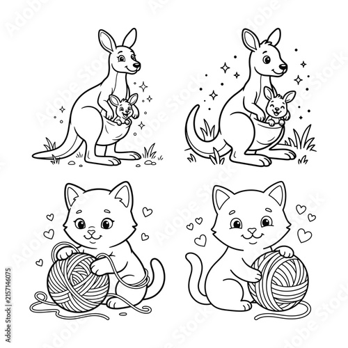 Set of cute hand drawn coloring page illustrations featuring baby kangaroos and playful kittens with yarn balls
