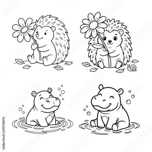 Set of cute hand drawn coloring page illustrations featuring adorable baby hedgehogs and happy little hippos for kids