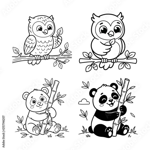 Set of cute cartoon owls and panda bears for children coloring pages in a simple line art style