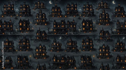 haunted house pattern on dark blue background for Halloween fabric, wrapping paper, packaging and party graphics.
