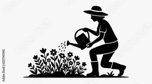 Gardener Kneeling While Watering Flower Bed, Hands On Gardening and Sustainable Plant Care Vector Silhouette