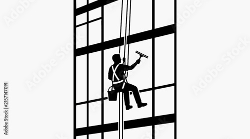 Window Cleaner Working on High Rise Building, Professional Building Maintenance Worker Vector Silhouette