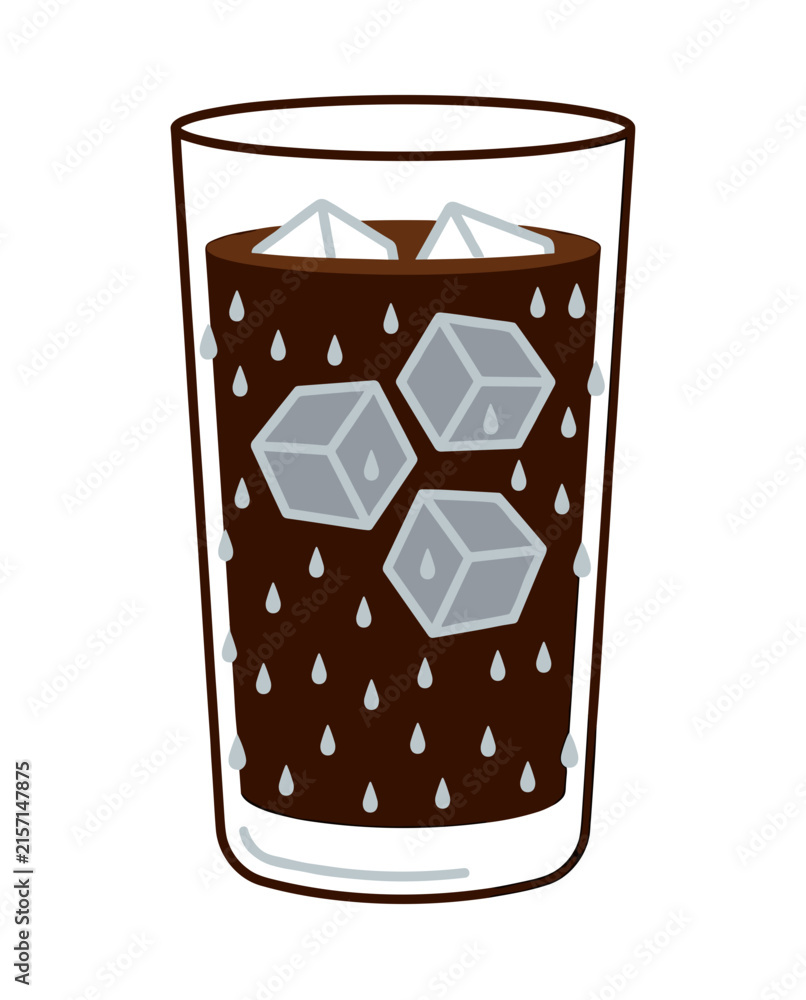 Fototapeta premium Close up clear glass of iced coffee with large ice cubes and condensation droplets on white background, concept of refreshing cold beverage