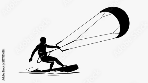 Kiteboarding Athlete Gliding Across Ocean Waves with Large Wind Kite, Extreme Water Sport Vector Illustration
