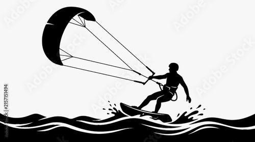 Kiteboarder Riding Ocean Waves with Large Kite, Dynamic Kitesurfing Water Sport and Adventure Vector Silhouette