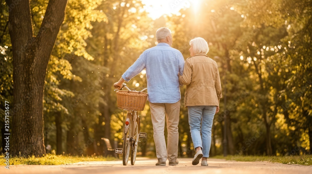Fototapeta premium Elderly man and woman walking their bikes while talking happily in spring nature.
