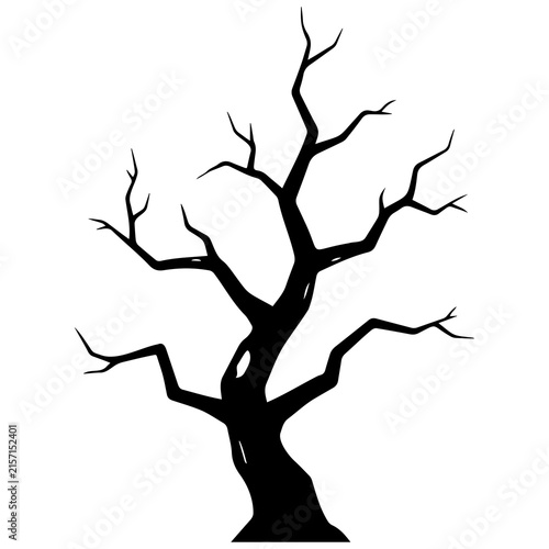 Gnarled leafless tree silhouette with crooked branches for spooky autumn nature graphics.
