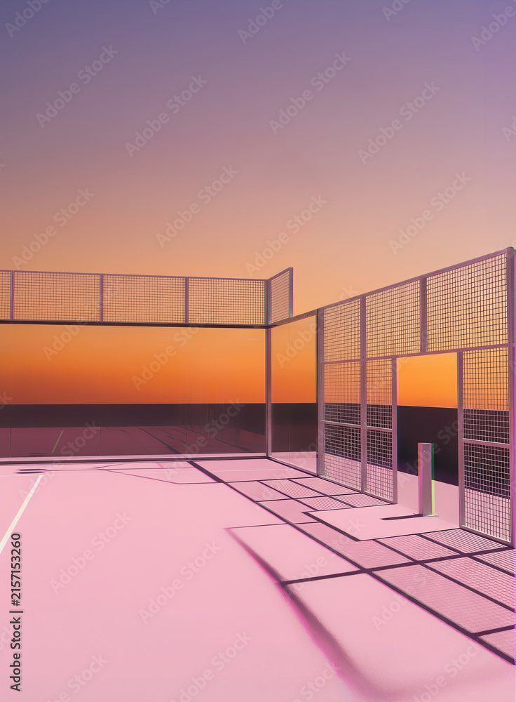 Fototapeta premium Modern padel tennis court with bright pink playing surface and metal mesh fencing, illuminated by warm sunset light, geometric shadows and pastel evening sky creating a stylish sports scene.