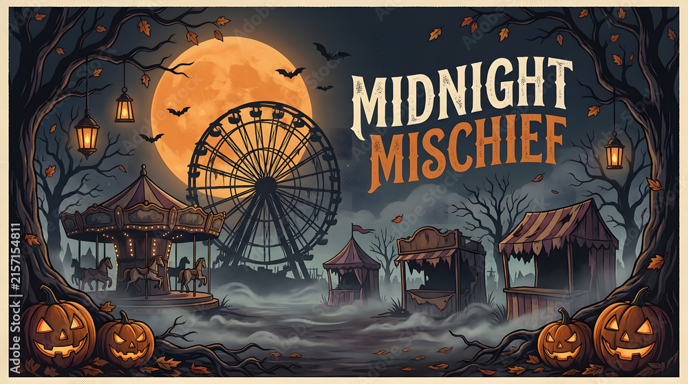 Fototapeta premium Midnight carnival with a Ferris wheel, carousel, and stalls under a full moon, evoking eerie Halloween amusement park vibes.