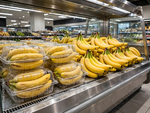Fresh ripe bananas neatly displayed on shelves and in clear plastic containers at a local supermarket grocery store