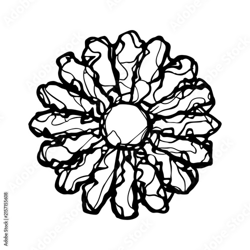 Stylized black-and-white 2D tattoo of a simple flower. Chaotic, winding geometric contours forming the shape of a daisy