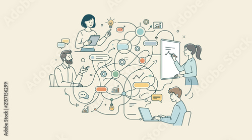 Minimalist of Collaborative Brainstorming and Digital Workflow with Team Interaction Icons and Tech Elements