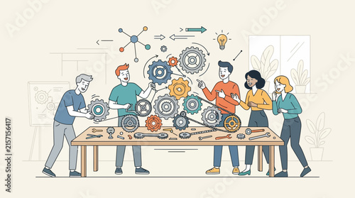 Minimalist of Collaborative Team Building with Interlocking Gears and Tools for Innovation with high quality professional line art symbols for modern creative design and digital branding projects