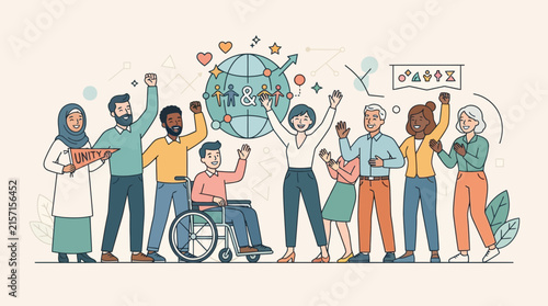Minimalist of Diverse Group Celebrating Unity and Inclusivity with Global Symbols and Emotional Gestures