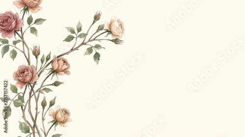 Climbing Rose Cottage Garden Watercolor Editorial Background with Open Spac