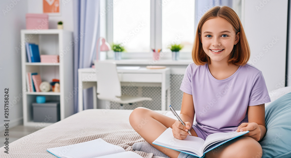 Fototapeta premium Curious teen student demonstrates secondary school languages and online courses, connecting academic study and continuing education with practical training for several possible professional careers