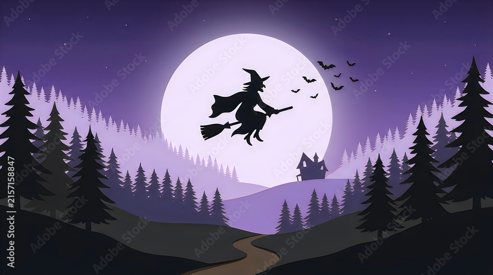 Fototapeta premium A silhouette of a witch flying on a broomstick against a large full moon in a dark forest