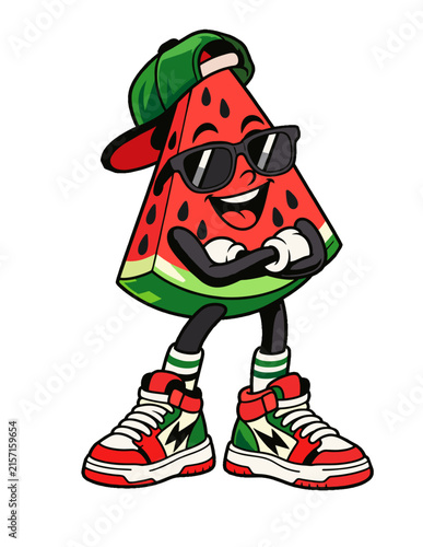 Cool Watermelon Fruit Mascot Character with Sunglasses, Retro Cartoon Vector Illustration