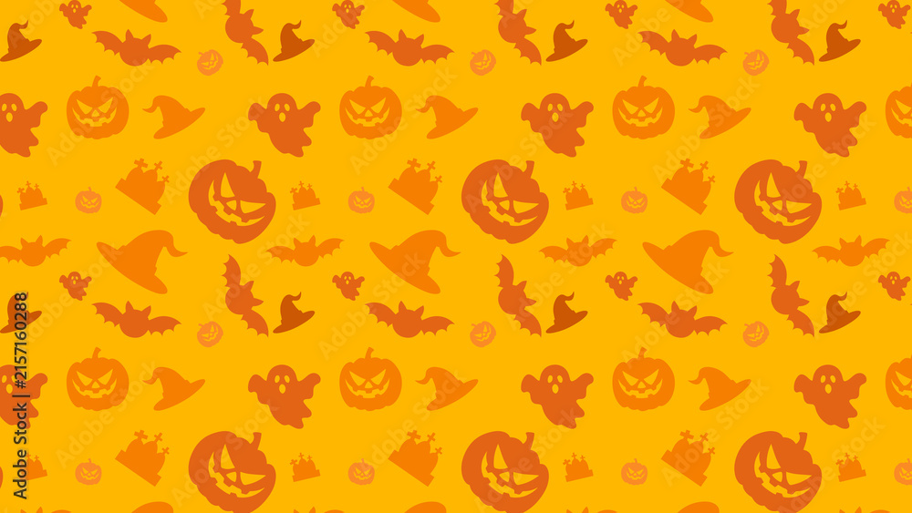 Seamless halloween pattern background with orange pumpkins ghosts and witch hats on yellow halloween seamless background seasonal celebration decorative wallpaper wrapping illustration