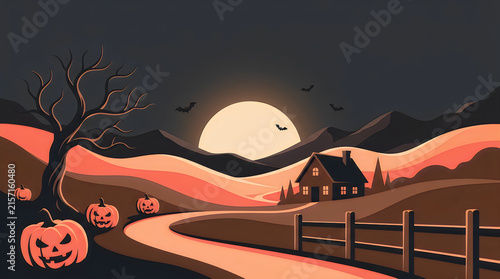 A spooky halloween night scene depicts a winding path leading to a silhouetted house under a full moon