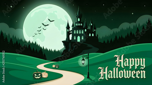 A chilling halloween night landscape with a dark and ominous castle standing in silhouette against a bright full moon