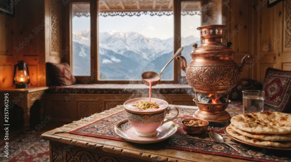 Fototapeta premium Steaming Kashmiri Kahwa tea poured into a cup with mountains visible through the window