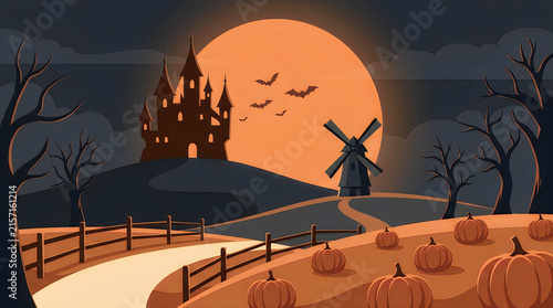 A dramatic nighttime landscape shows a dark castle silhouette standing against a huge vibrant orange moon and a classic windmill