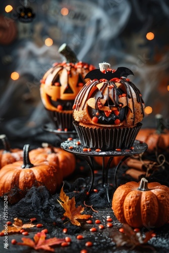 Children's Halloween celebration invitation, playful pumpkin cupcakes and sweet treats on dark vertical banner, red autumn leaves