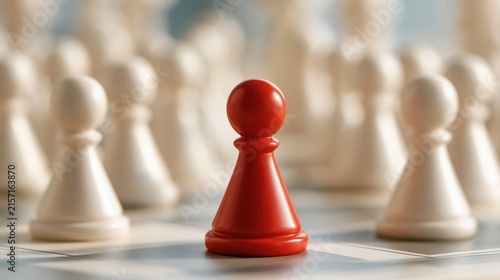 Unique Red Game Pawn Stands Boldly Among White Pawns on a Chessboard