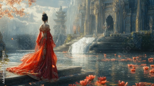 Woman in red traditional dress standing by a fantasy palace with waterfall and lotus flowers