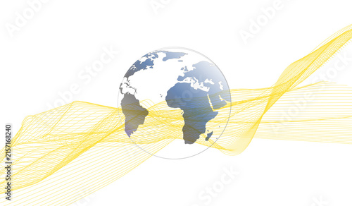 Abstract Digital Globe with Yellow Connection Waves and World Map for Global Network Technology Concepts