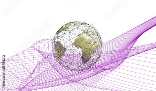 Futuristic Digital Earth Globe with Plexus Network and Abstract Purple Wave Lines