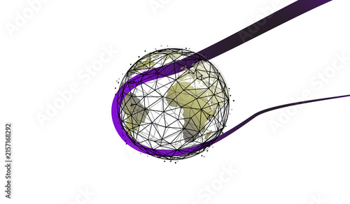 Digital Global Network Illustration with Wireframe Earth Globe and Purple Data Paths on Transparent Background