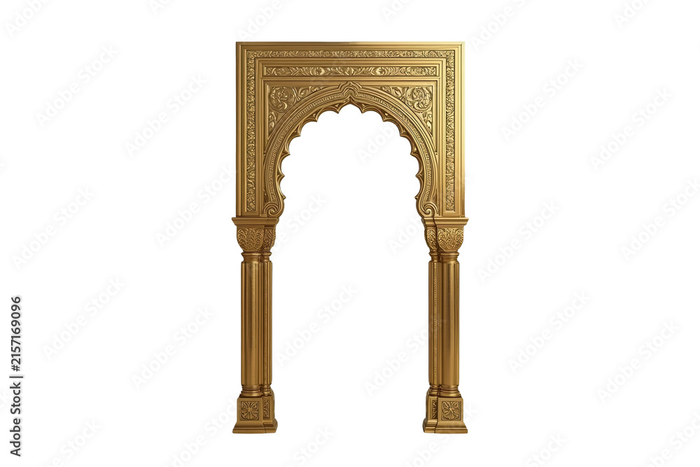 Naklejka premium Tall ornate golden arched doorway isolated on transparent background