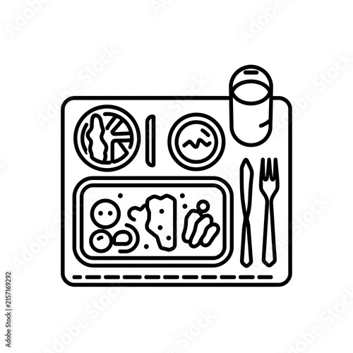 Airplane food tray with cutlery and drink icon black line art vector design