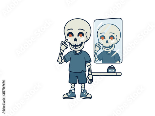 Halloween Skeleton applying cream in mirror