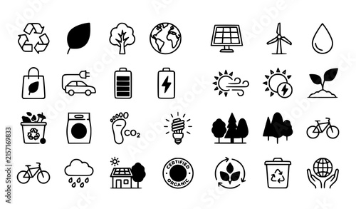 Eco Friendly Sustainability Icon Set with Recycling, Renewable Energy, Solar Power, Electric Vehicles, Nature and Green Living Symbols
