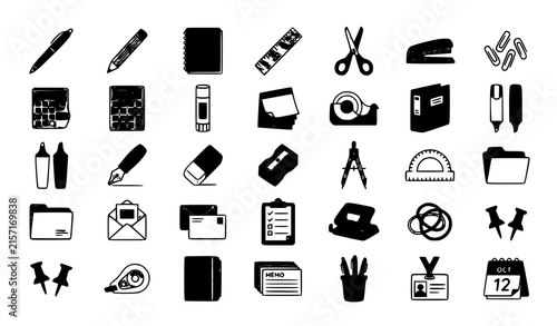 Black Office Stationery Supplies Icon Set with Pens, Notebooks, Scissors, Folders, Clips and Business Accessories Vector Collection