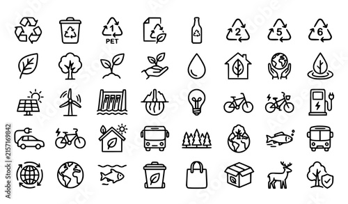 Eco Friendly Recycling and Sustainability Icon Set with Renewable Energy, Green Transportation, Conservation, Organic Packaging and Environmental Symbols