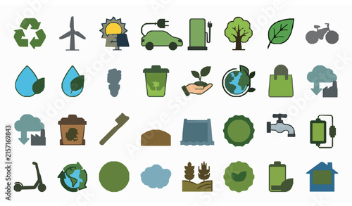 Eco-Friendly Sustainability Icon Set with Recycling, Renewable Energy, Electric Vehicles, Organic Farming, Water Conservation, and Green Living Symbols
