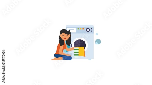 Woman Washing Clothes in Washing Machine Icon Animation