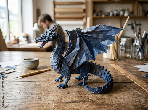 Black paper dragon sculpture on a wooden desk